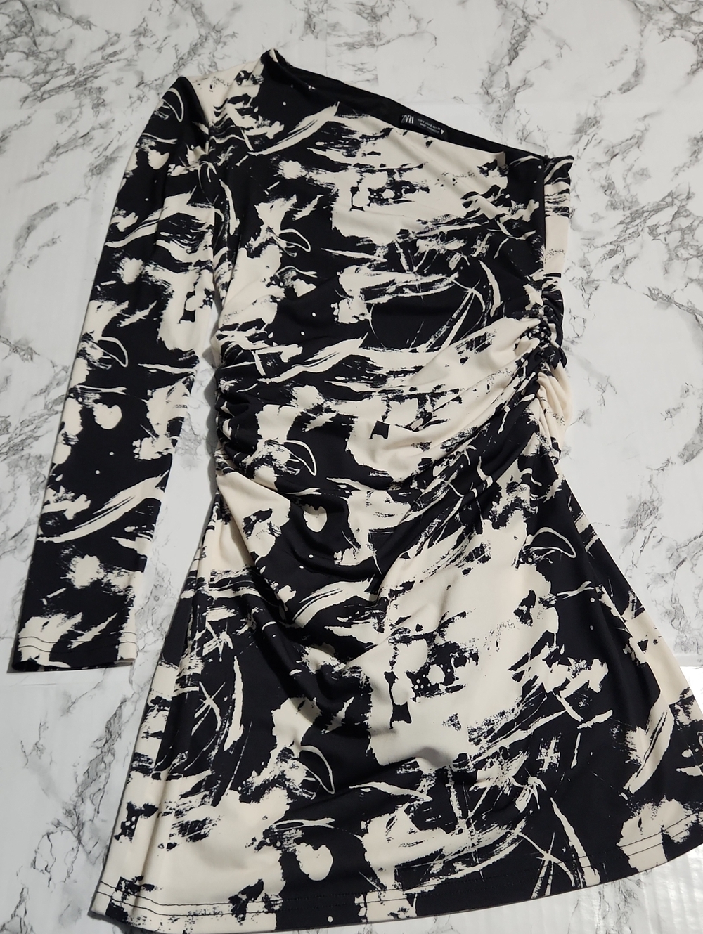 Zara Abstract Black Ruched One-Shoulder Dress